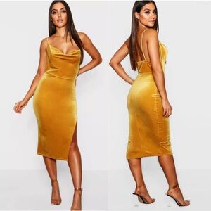 BOOHOO 🔹 Mustard Velvet Cowl Neck Midi Dress w. Side Slit - Size 10
